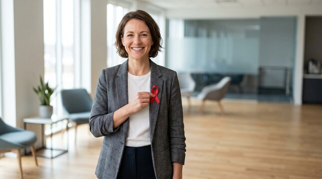 Campanha moderna de conscientiza&ccedil;&atilde;o sobre doa&ccedil;&atilde;o de sangue com mulher sorridente segurando fita vermelha em ambiente iluminado e espa&ccedil;o para mensagem institucional