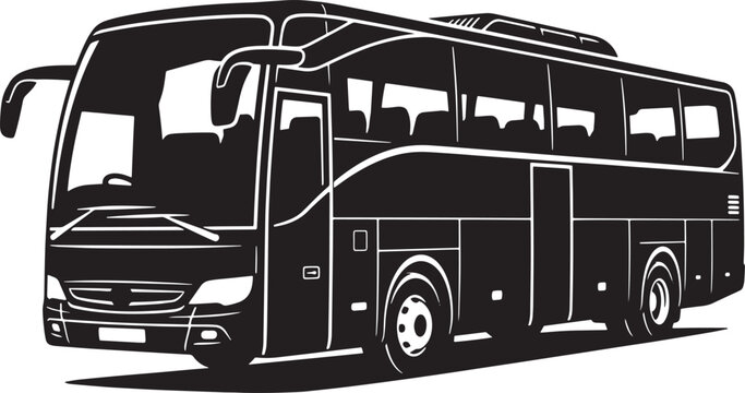 High detail black silhouette of commercial tour bus, front three quarter view, passenger travel vehicle graphic, public transit shuttle vector illustration.