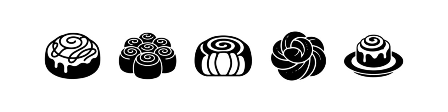 Black and white silhouette icons of various cinnamon rolls, sweet buns, and danish pastries. Minimalist vector set for bakery logos, cafe menus, and culinary graphic design.