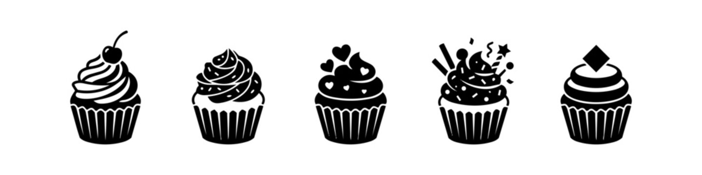 A collection of five stylized cupcake icons in a minimalist black and white vector design. Ideal for bakery logos, menus, party invitations, and sweet treat branding.