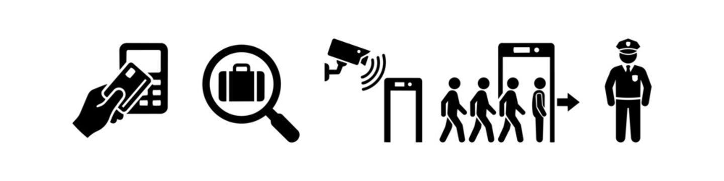 Set of security and surveillance vector icons including card access, baggage check, CCTV, metal detector screening, and a guard officer. Ideal for safety, airport, and building protection concepts.