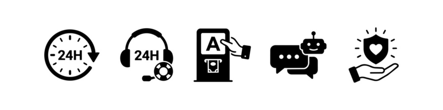 Set of customer service icons: 24/7 clock, helpdesk headset, ATM machine, AI chatbot, and hand holding a heart shield. Modern black vector graphics for business support and security themes.