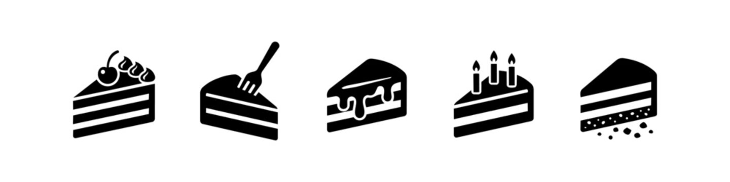 Set of five minimalist black cake slice icons featuring a cherry, fork, dripping glaze, birthday candles, and layered texture. Vector illustration for bakery, cafe, and celebration designs.