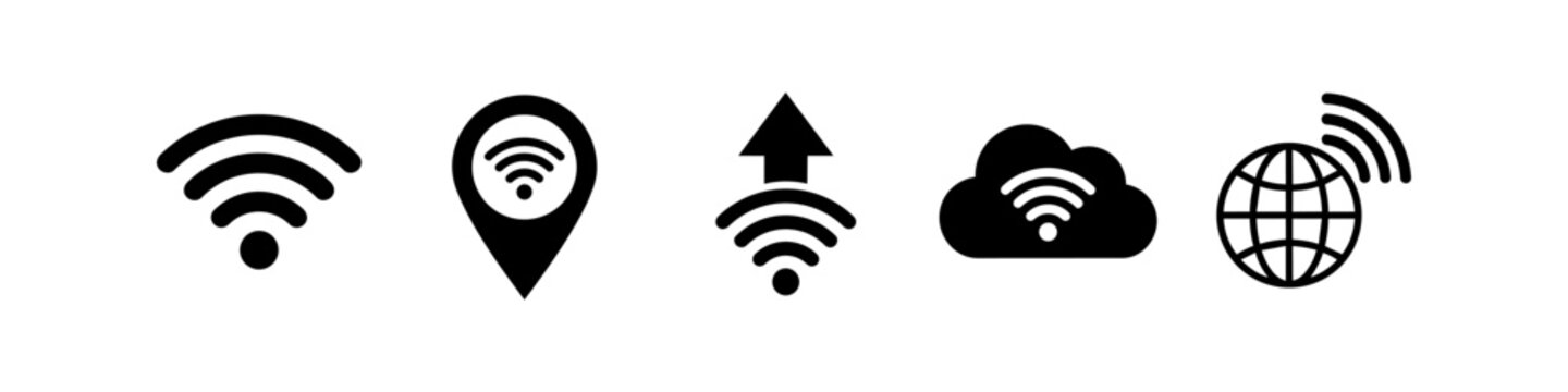 Set of black Wi-Fi and connectivity icons on white background, including location signal, cloud data, global network, and wireless upload symbols. Perfect for technology and internet concepts.