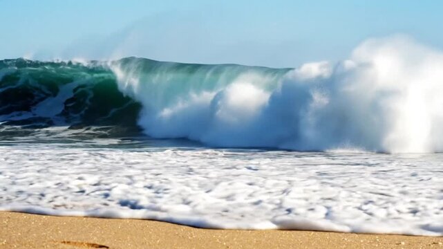 Epic ocean wave breaking towards shore on sunny day creating sea foam with turquoise blue color