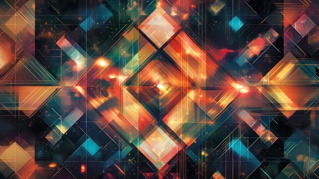 Abstract geometric pattern with glowing, vibrant colors and intricate details.