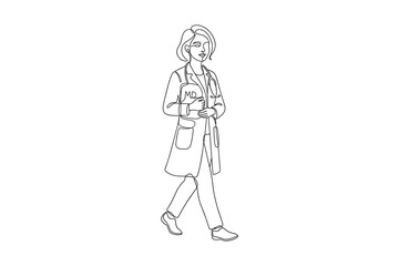 Obraz premium Continuous line drawing of a female doctor walking in a lab coat.