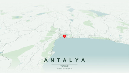 Obraz premium Modern minimalist vector map of Antalya, Turkey. High-quality scalable illustration of Antalya city grid, Konyaalti and Lara beach corridors, and Mediterranean highway networks for posters design.