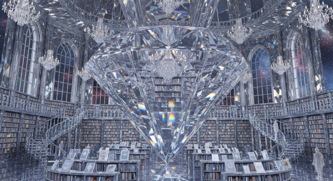 Interior da biblioteca do Pal&aacute;cio de Cristal com arquitetura iluminada, livros e escadarias.