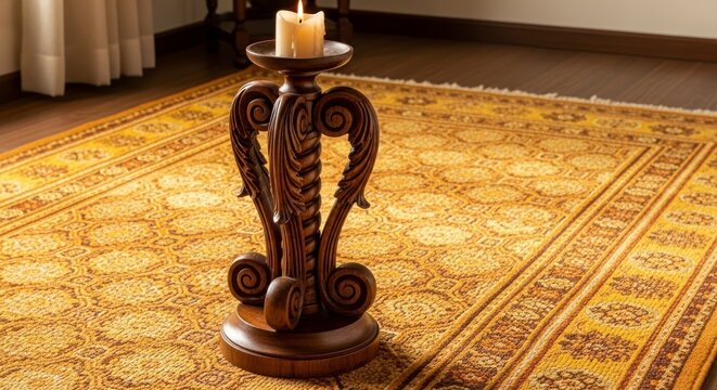 Elegante casti&ccedil;al de madeira com vela acesa sobre tapete estampado