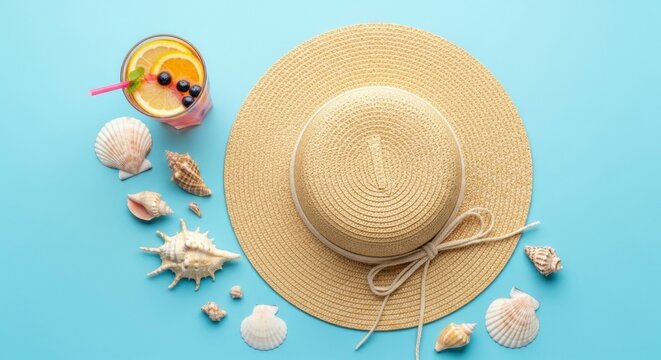 Itens essenciais de ver&atilde;o: chap&eacute;u de palha, coquetel e conchas em fundo azul.