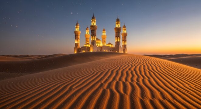 Mesquita no deserto ao p&ocirc;r do sol: uma maravilha arquitet&ocirc;nica e beleza natural.