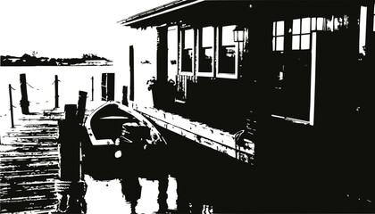 Obraz premium Monochromatic Dock Scene: Boat, Boathouse, and Water Reflection