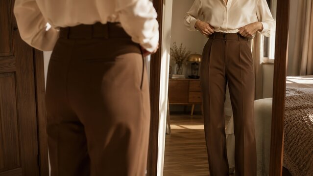Woman adjusting brown trousers in mirror