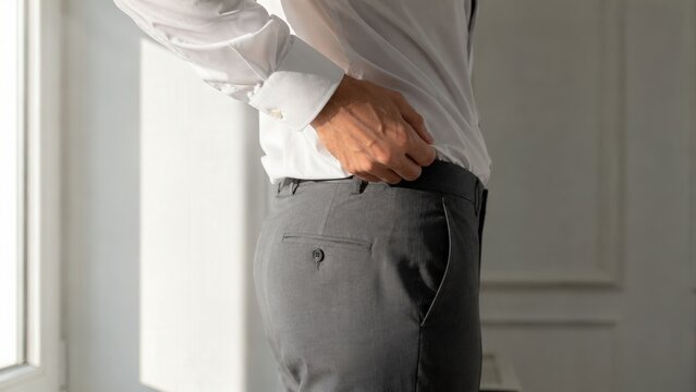 Man tucking white shirt into gray trousers