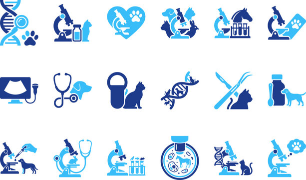 Blue and dark blue scientific and medical icons for veterinary research.