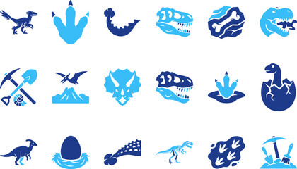 Dinosaur icons fossils dinosaur skeleton egg dinosaur footprint cave painting tools vector graphics. © Asif