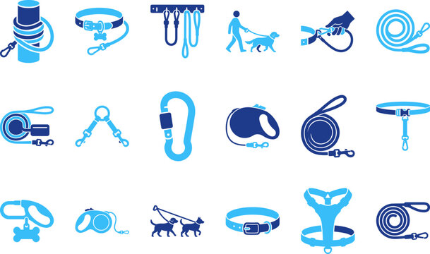 Dog leash and collar icons, set of pet walking accessories, animal harness and lead symbols.