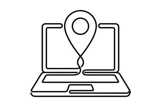 Continuous line drawing of a laptop computer with a map location pin icon.