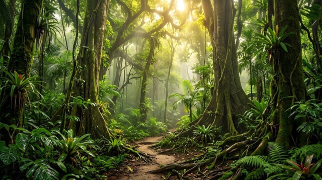 Lush tropical rainforest with sunlight filtering through dense green foliage and a winding path amidst ancient jungle trees and exotic plants