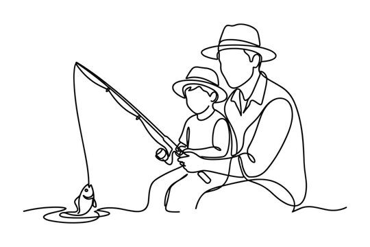 Continuous line art illustration of a father and son fishing together.