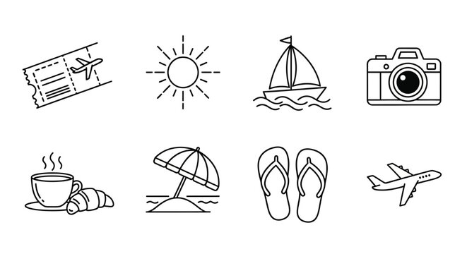 Vacation, travel icons, line art style, 8 elements, black and white, minimalistic design, tourism symbols, vector graphics