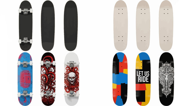 Skateboard decks, colorful skateboards, graphic skateboards, LET US RIDE skateboard