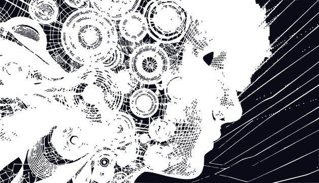 Abstract profile portrait with circular patterns and geometric elements, black and white illustration