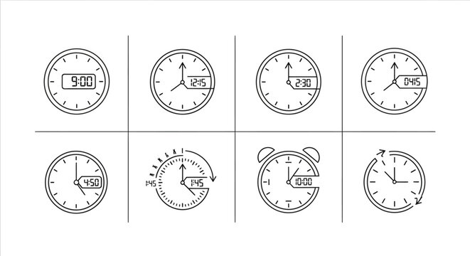 Clock icons, clock faces, analog clocks, timer symbols, watch illustrations, 8 piece set, vector graphics