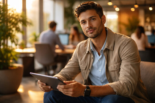 Young man working on tablet in modern office space