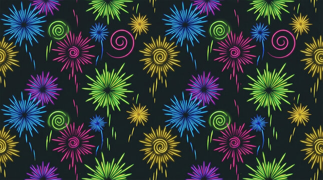 A colorful, abstract pattern resembling fireworks and spirals set against a dark background, perfect for festive occasions or vibrant design elements