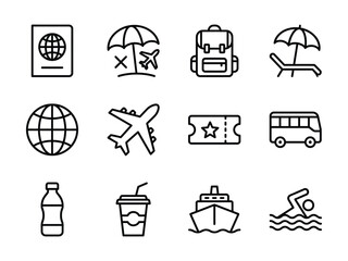 Travel and vacation line art icon set for tourism concepts with vacation planning, travel agency © Fatima