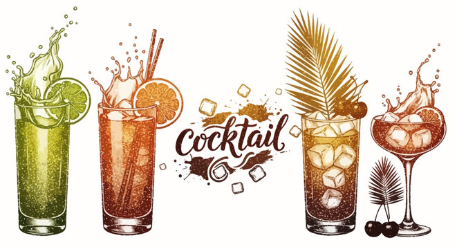 Cocktail, drink, vector icons, set of 4, colorful, beverage, illustration