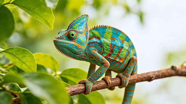 Colorful chameleon on tree branch