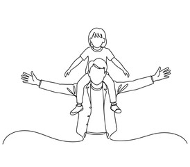 Fototapeta premium Father carrying child on shoulders with arms outstretched in continuous line style piggyback