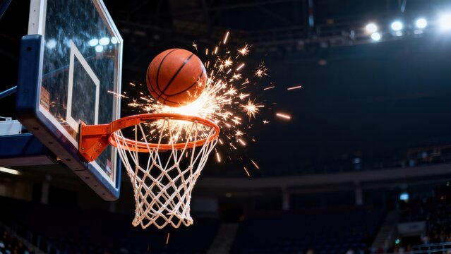 Basketball going through hoop with sparks