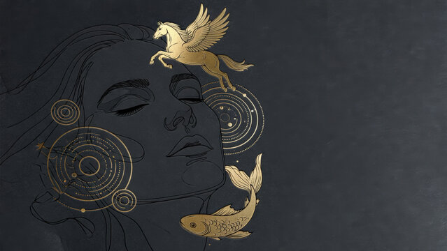 Concetto di astrologia con volto femminile, Pegaso e pesci dorati