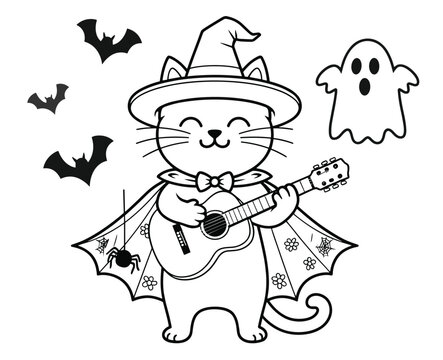 Black and white cartoon cat wearing witch hat playing guitar with ghost and bats kitten halloween wizard