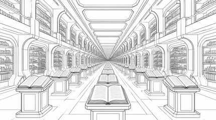 Fototapeta premium Grand Futuristic Library Hall with Infinite Rows of Books and Open Tomes
