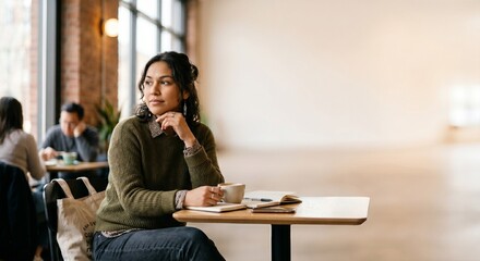 Fototapeta premium Young woman in a cafe, with plenty of copy space