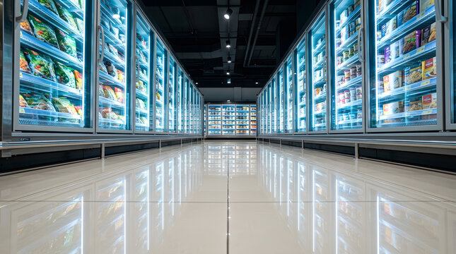 Modern supermarket frozen food aisle with illuminated freezer displays