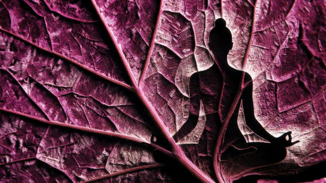 Silhouette di donna in meditazione su sfondo di foglia viola artistica