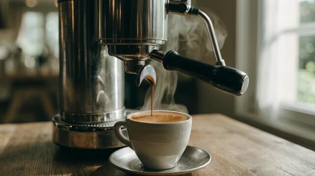 Hot espresso beverage preparation, coffee brewing machine dispensing rich liquid into a waiting cup, morning cafe atmosphere