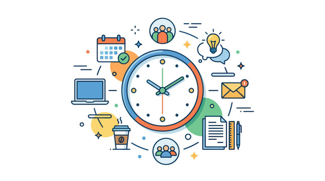 Colorful clock with office supplies around.