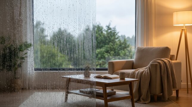 Rainy window squeegee path, Half clear glass before after, Home window cleaning concept, Cozy interior maintenance detail