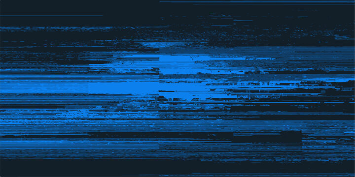 Abstract glitch art in shades of blue, with distorted lines and digital noise, creating a futuristic and chaotic visual effect.