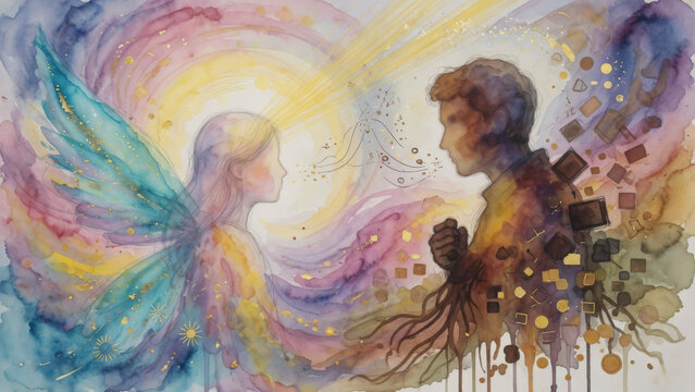 Incontro tra un uomo e un angelo: arte astratta ad acquerello