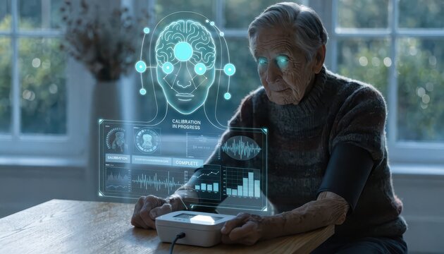 Elderly man with advanced health monitoring technology, futuristic AI brain interface and medical data visualization
