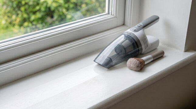 Reusable microfiber cloths by window, Eco conscious glass cleaning setup, Minimal residential home service, Clean maintenance still life