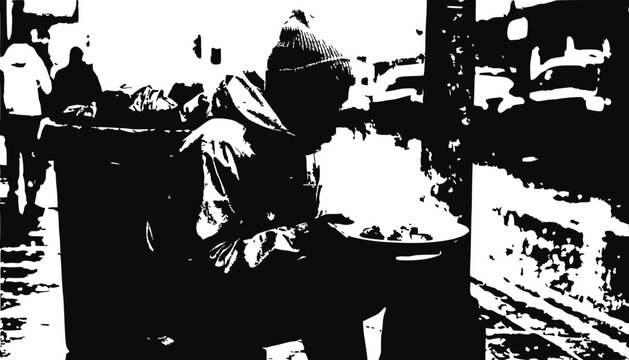 Homeless man in beanie eating from bowl on street, urban poverty concept